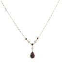 9ct Yellow Gold Garnet and Pearl Fancy Drop Pendant and Chain 16"