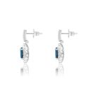 Silver Platinum Plated London Blue Topaz Oval Cut Lab Grown Diamond Halo Drop Earrings