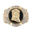 14ct Yellow and White Gold Cubic Zirconia and Black Stone Jesus Signet Ring