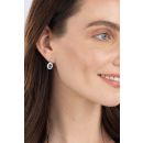 Silver Platinum Plated London Blue Topaz Oval Cut Lab Grown Diamond Halo Drop Earrings