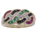 9ct Yellow Gold 0.10ct Diamond Emerald Ruby and Sapphire Ring