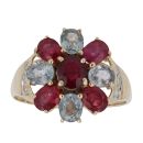 9ct Yellow Gold 0.05ct Diamond, Aquamarine and Ruby Cluster Ring