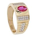 14ct Yellow Gold Cubic Zirconia And Red Gemstone Signet Ring