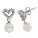 14ct White Gold 0.15ct Diamond And Pearl Heart Drop Earrings