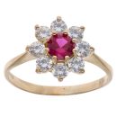 18ct Yellow Gold Cubic Zirconia and Ruby Flower Cluster Ring