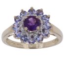9ct Yellow Gold 0.10ct Brilliant Cut Diamond Tanzanite and Amethyst Cluster Ring