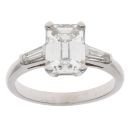 Platinum 2.50ct Emerald and Tapered Baguette Cut Diamond Solitaire Ring