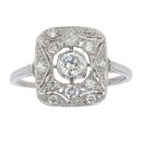 Platinum Diamond Deco Cushion Shape Ring