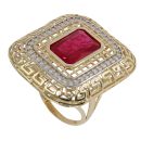 14ct Yellow Gold Cubic Zirconia And Red Stone Set Square Ring