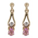 9ct Yellow Gold 0.05ct Diamond and Pink Gemstone Drop Earrings