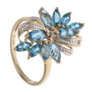 9ct Yellow Gold 0.05ct Diamond and Blue Topaz Flower Ring