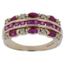 9ct Yellow Gold 0.10ct Diamond and Ruby Three Row Ring