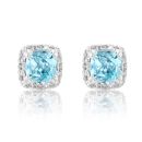 Silver Platinum Plated Sky Blue Topaz Cushion Diamond Halo Stud Earrings