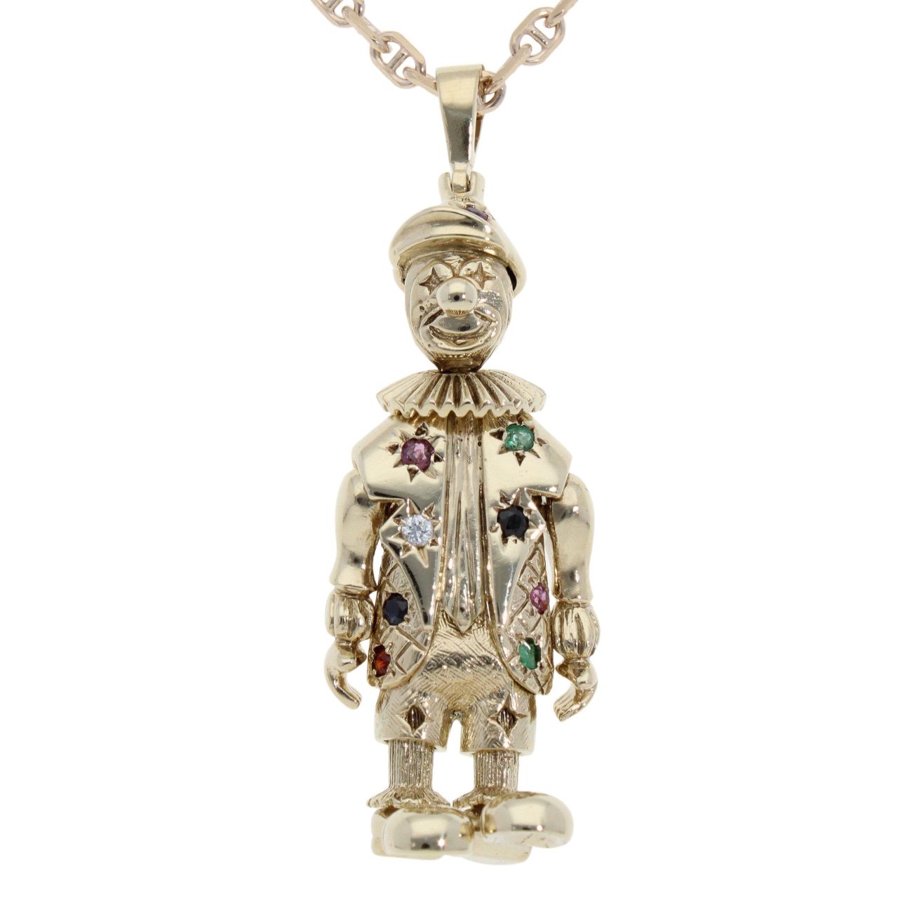 9ct Yellow Gold Multi Gem Clown Pendant and Anchor Chain 28