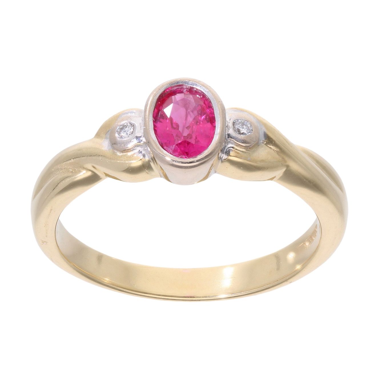 18ct Yellow Gold Ruby and 0.02ct Diamond Three Stone Ring ...