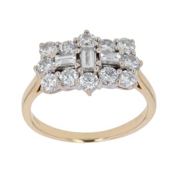 18ct Yellow Gold 1.25ct Brilliant and Emerald Cut Diamond Cluster Ring