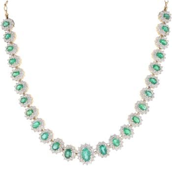 14ct Yellow Gold 7.25ct Brilliant Cut Diamond And Emerald Cluster Necklace 16"