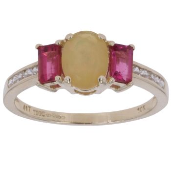 9ct Yellow Gold Yellow Opal, Red Gemstone and Cubic Zirconia Ring
