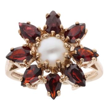 9ct Yellow Gold Pearl and Garnet Cluster Ring
