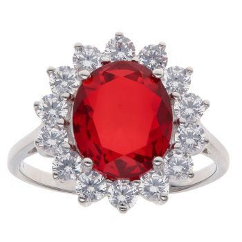 Silver Red Gemstone and Cubic Zirconia Cluster Ring By Icesia