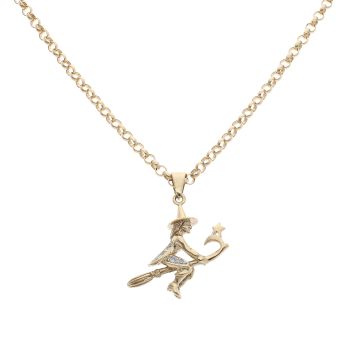 9ct Yellow Gold Cubic Zirconia Witch Pendant and Chain 26"