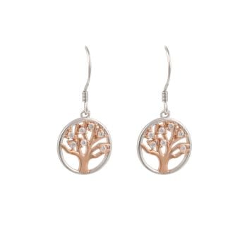 Sterling Silver And Rose Gold Plated Tree Of Life Drop Earrings