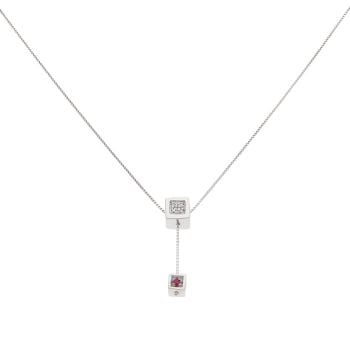 18ct White Gold 0.05ct Brilliant Cut Diamond And Ruby Cube Drop Pendant And Chain 16"