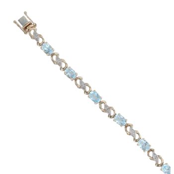9ct Yellow Gold 0.12ct Diamond and Aquamarine Bracelet 7"