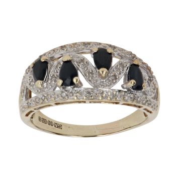 9ct Yellow Gold 0.10ct Brilliant Cut Diamond and Sapphire Fancy Ring