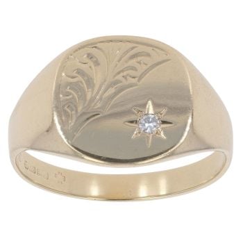 9ct Yellow Gold 0.02ct Diamond Patterned Signet Ring