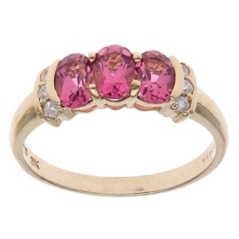 9ct Yellow Gold 0.10ct Diamond and Pink Tourmaline Three Stone Ring