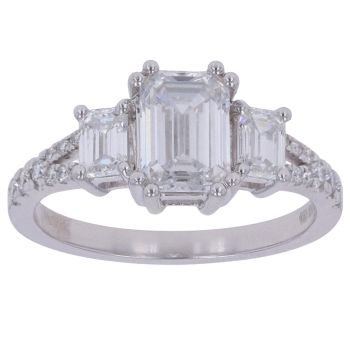 9ct White Gold 1.80ct Emerald and Brilliant Cut Lab Grown Diamond Trilogy Ring