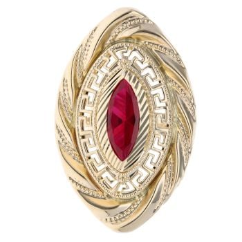 14ct Yellow Gold Marquise Red Gemstone Greek Key Ring