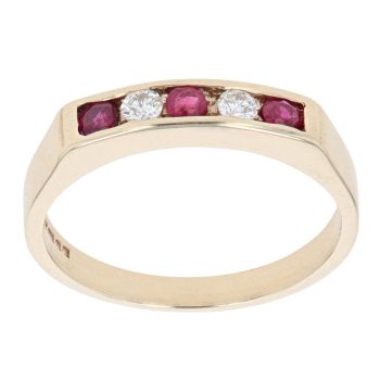 9ct Yellow Gold Ruby and 0.15ct Diamond Five Stone Ring