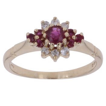 9ct Yellow Gold 0.10ct Diamond and Ruby Cluster Ring