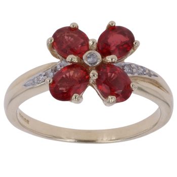 9ct Yellow Gold 0.05ct Diamond and Red Gemstone Cluster Ring