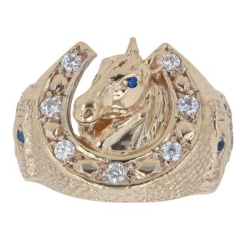 9ct Yellow Gold Cubic Zirconia And Sapphire Horseshoe Ring