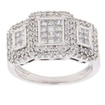 18ct White Gold 1.00ct Brilliant And Princess Cut Diamond Triple Cluster Ring