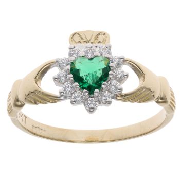 9ct Yellow Gold Green Gemstone And Cubic Zirconia Claddagh Ring