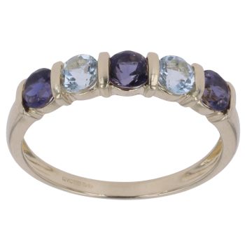 9ct Yellow Gold Iolite and Aquamarine Five Stone Ring