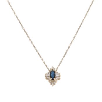 14ct Yellow Gold 0.25ct Brilliant and Baguette Cut Diamond and Sapphire Cluster Pendant and Chain 16"