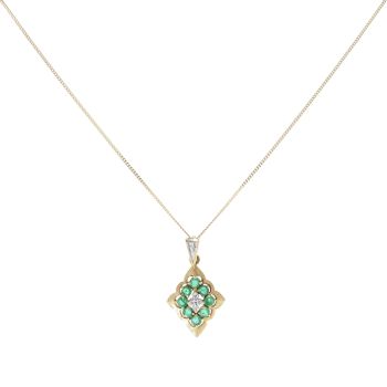 18ct Yellow Gold 0.05ct Diamond and Emerald Cluster Pendant and Chain 18"