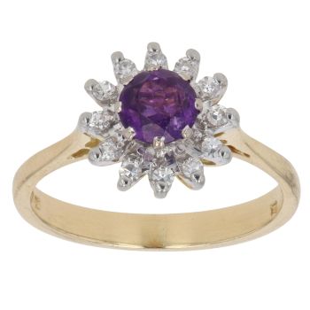18ct Yellow Gold 0.15ct Single Cut Diamond and Amethyst Cluster Ring
