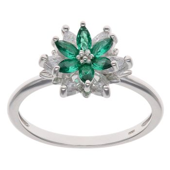 Silver Cubic Zirconia and Emerald Flower Ring