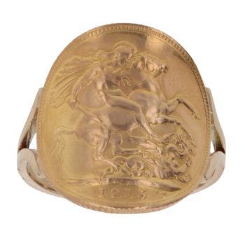 9ct Yellow Gold 1915 George V Full Sovereign Coin Ring