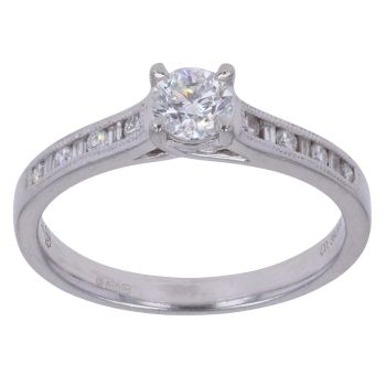 Platinum 0.54ct Brilliant And Baguette Cut Diamond Solitaire Ring