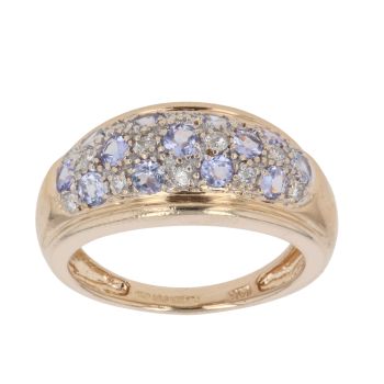 14ct Yellow Gold 0.15ct Brilliant Cut Diamond and Tanzanite Three Row Ring