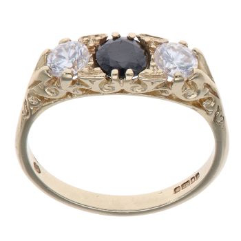 9ct Yellow Gold Cubic Zirconia and Sapphire Three Stone Ring