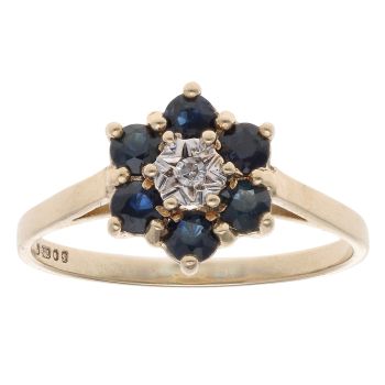 9ct Yellow Gold 0.02ct Diamond And Sapphire Cluster Ring