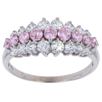 9ct White Gold Pink and White Cubic Zirconia Three Row Ring